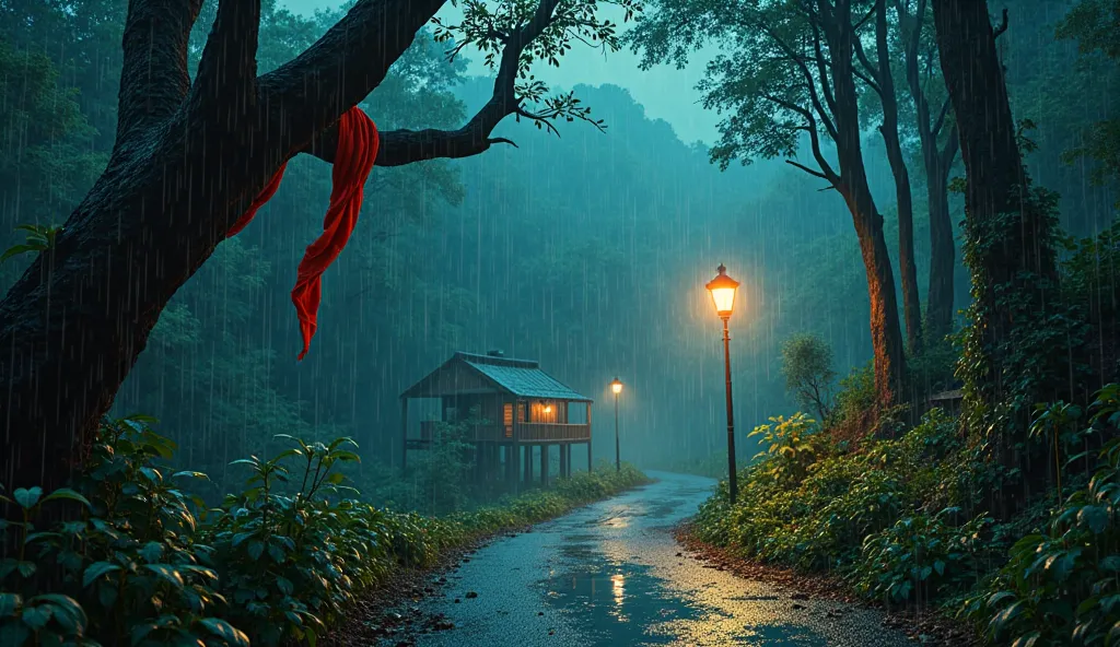 A cinematic, Bollywood-style rainy night in a dense mountain forest. Heavy rain pours down, drenching the lush green trees and large leaves, making them glisten under soft flashes of lightning in the cloudy night sky. The narrow, winding road is soaked, wi...