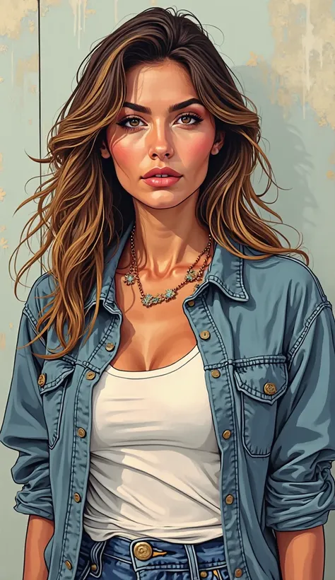 DISCREET image. with discreet casual clothes. image adult woman, american, JUST comic book style.with a neutral face. IMAGES WITH VIBRANT COLORS. half body