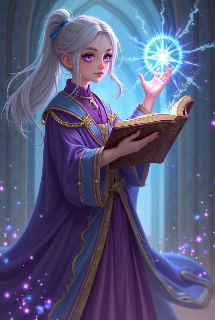 Pose: Elara stands with a large book hovering beside him, The pages open and glow with magic light. One hand raised, forms the symbol of a spell in the air.

 Appearance : A young girl with silvery long hair partially tied. His eyes were bright purple with...