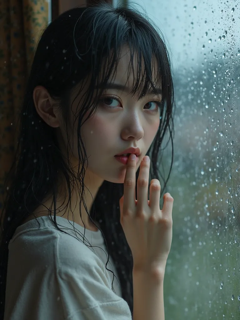 japanese young woman, rainy window scene, looking outside with a melancholic expression, wet long dark hair sticking slightly to her face, wearing a loose and slightly wet shirt, subtle biting lower lip, finger on lips, soft lighting from the window, reali...