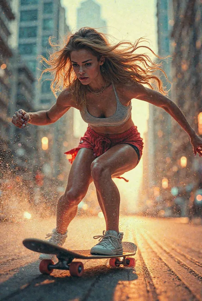 create an image of a woman skateboarding as if it were a movie poster with a large space at the top to insert text later 