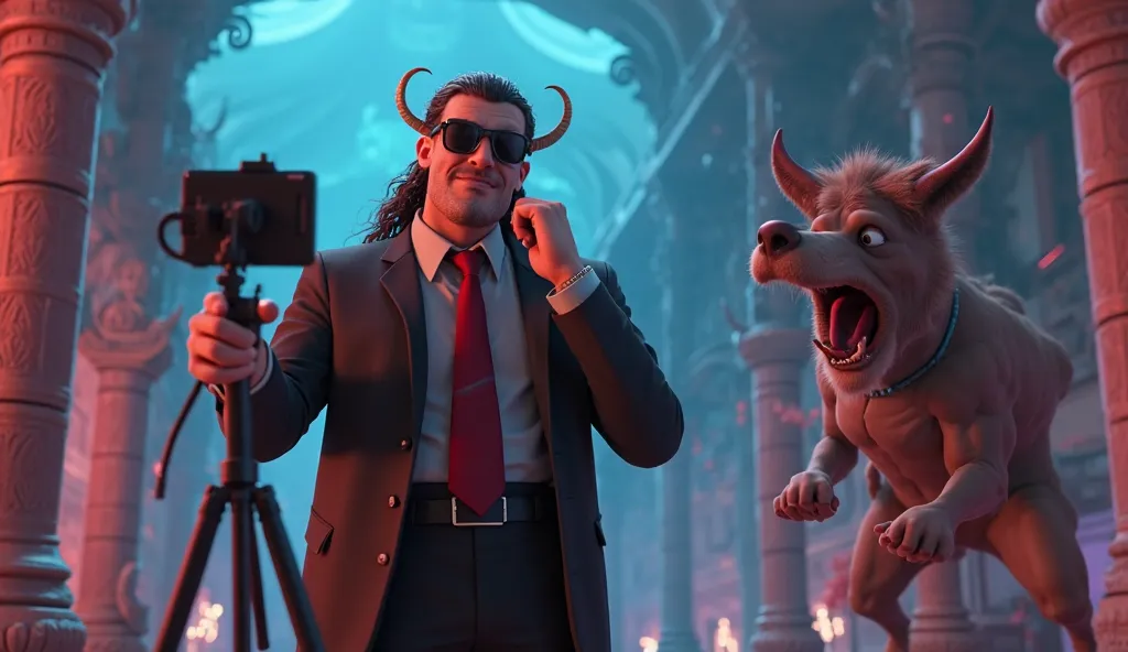 "A 3D animated dynamic scene where Hades is in the middle of recording a video, standing confidently in front of the tripod-mounted smartphone. He wears his signature black suit with a deep red tie, adjusting his sunglasses as he begins to speak. Suddenly,...