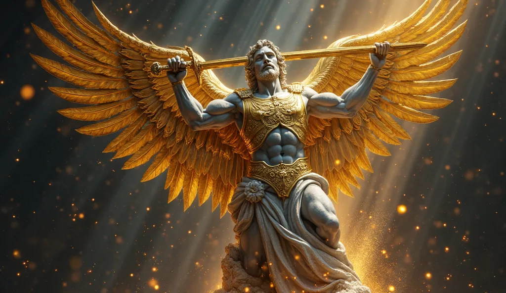  Imagine a grand stone statue representing an imposing male archangel ,  sculpted expression with noble features and firm expression , conveying strength and determination.  His golden armor shines brightly ,  contrasting with the gray and robust tone of t...