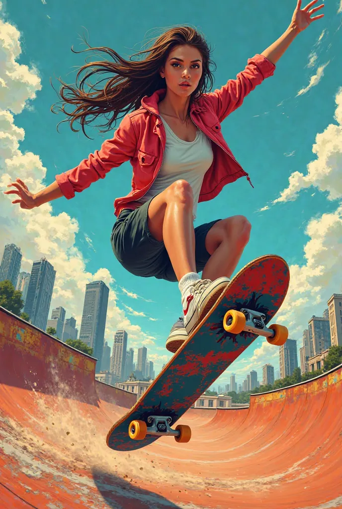 create an image of a woman skateboarding as if it were a poster with space to add text 