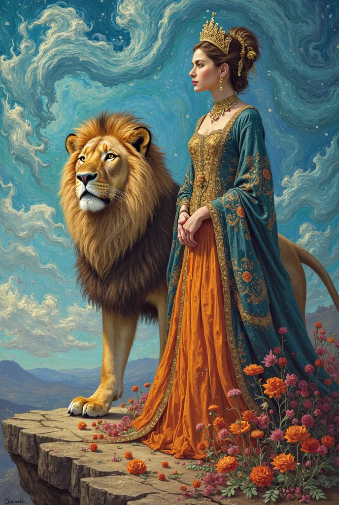 Create a Van Gogh and fantasy wallpaper including a lion, an Empress, air, and a world. Each element must be shown 
