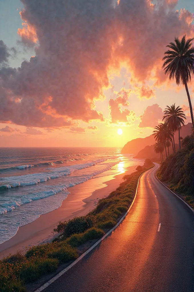 A long and sinuous road that runs parallel to the beach, with the asphalt softly illuminated by the sunrise. The sky is filled with vibrant shades of orange, pink and gold, reflecting in the small waves that break gently in the sand. The side of the road i...