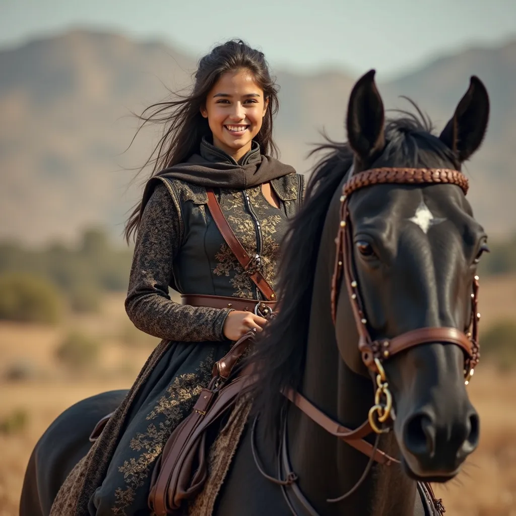 A full and close-up picture of a beautiful smiling 22-year-old girl wearing a knight's clothes looking directly at the viewer 
 One year, you ride a horse that gets up and raises its front legs. The color of the horse is authentic Arabic black ,The picture...