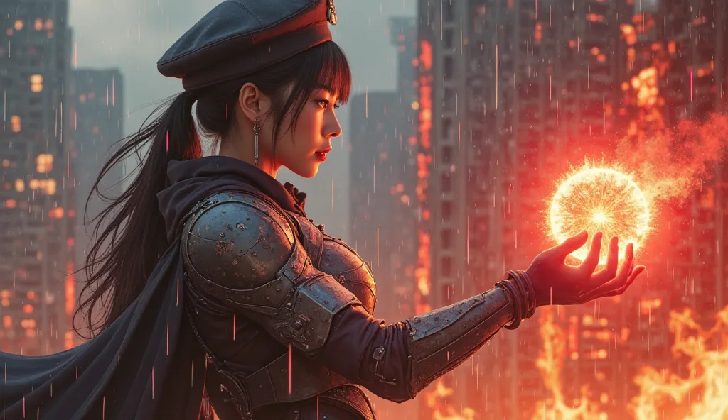 A 22-year-old Korean woman, 168cm tall, with sharp yet feminine features and a striking, sexy presence, stands facing a burning skyscraper, cyberpunk anime style. She wears a warrior's armor, a blend of futuristic techwear and traditional battle gear, with...