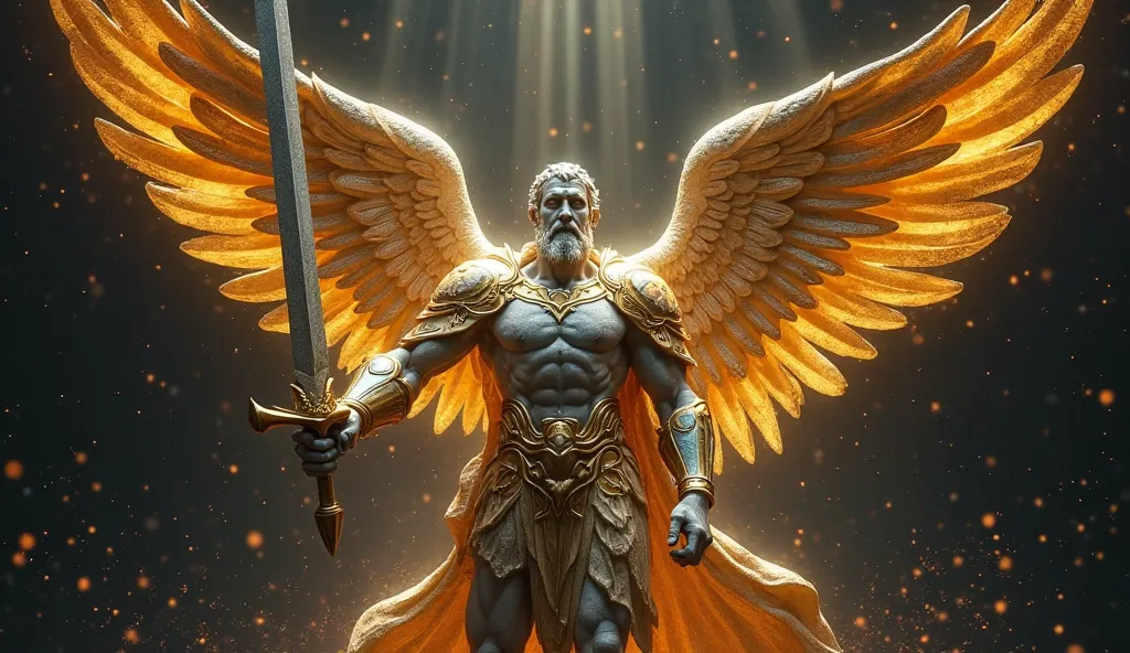  Imagine a grand stone statue representing an imposing male archangel ,  sculpted expression with noble features and firm expression , conveying strength and determination.  His golden armor shines brightly ,  contrasting with the gray and robust tone of t...