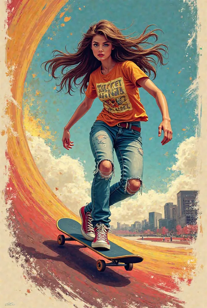 create an image of a woman skateboarding wearing Vans sneakers with skater clothes as if it were a poster with space to add text 