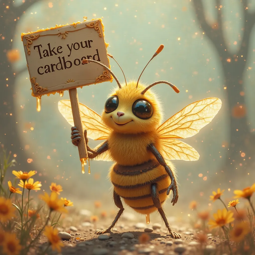 Create the image of a beautiful and magical bee holding a sign marked “Take your cardboard” dripping with honey
