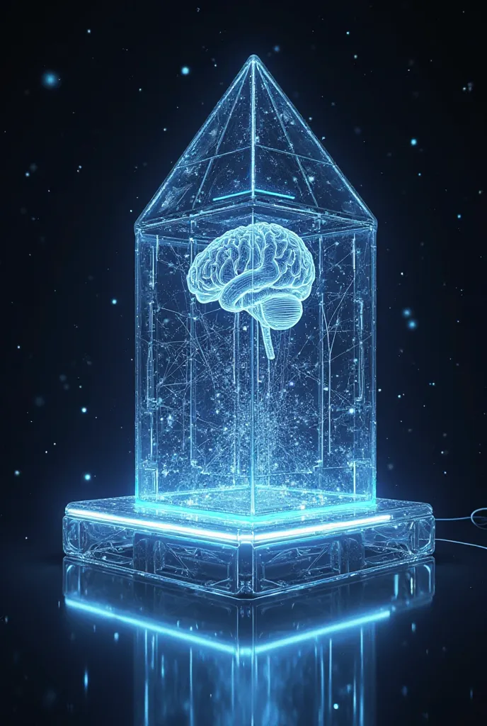 A fully transparent resin lamp in the shape of a pentagonal prism, with neon circuit lines running along its edges. The base is a floating holographic data platform. Inside, a levitating digital brain, constantly generating glowing neural pathways that ext...