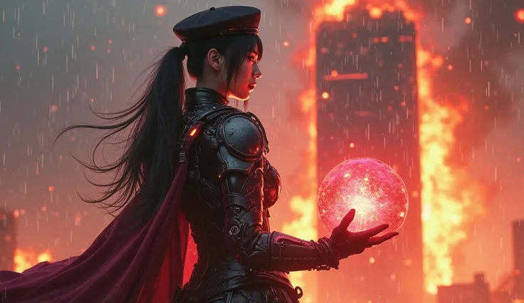 A 22-year-old Korean woman, 168cm tall, with sharp yet feminine features and a striking, sexy presence, stands facing a burning skyscraper, cyberpunk anime style. She wears a warrior's armor, a blend of futuristic techwear and traditional battle gear, with...