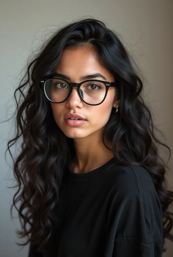 there is a woman with glasses and a black shirt posing for a picture, wavy long black hair and glasses, alanis guillen, valentina remenar, headshot profile picture, headshot photo, girl with glasses, 18 years old, lorena avarez, halfbody headshot, fernanda...