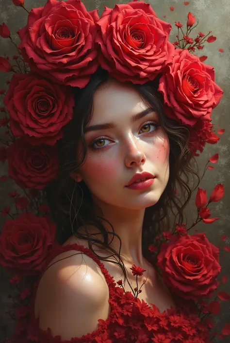 Draw me a painting of a woman as if she was made of roses