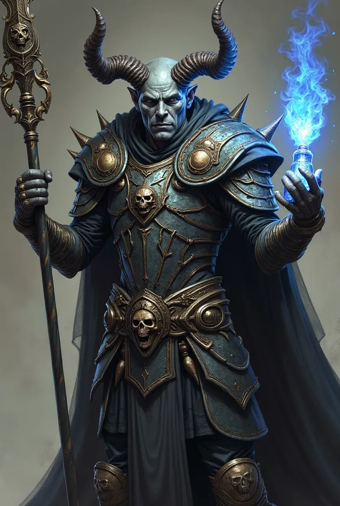 A Hexblade wizard with gray skin makes a Tiefling, with large horns curving upward from the temples. He wears heavy armor in dark metal, adorned with skulls and demonic details in gold or bronze. The chest has a skull or demonic face in relief. Large shoul...