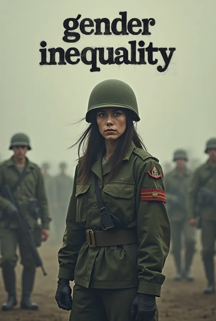 THE SIGH 'GENDER INEQUALITY' AND IN THE BLURED BACKGROUND HAVE A SCENE OF MEN NOT CARING ABOUT THE WOMEN IN THE MILITARY....HAVE WOMEN IT...DRAMATIC