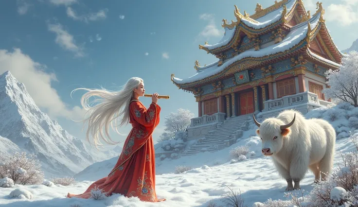 fantastic　snow　Tibetan shrine with a white yak beside it, red embroidered chuba　long white hair　Pretty girl playing a bamboo flute
Expressing a girl in a big way