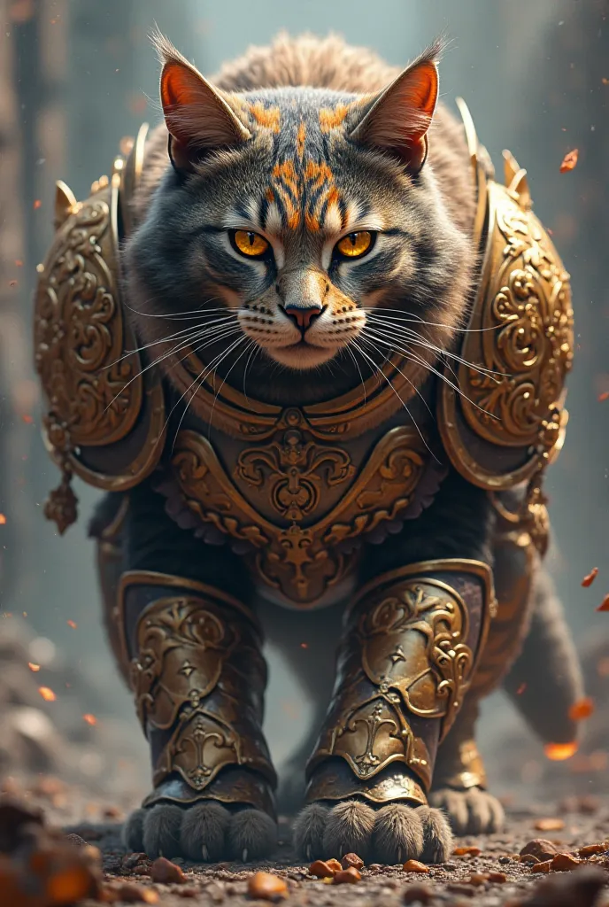 A spectacular cat with many colors,  spectacular, with striking armor and weapons