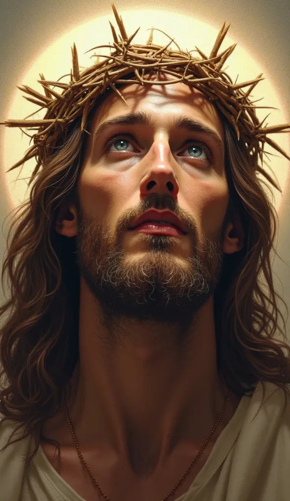 Create the perfect face of Jesus Christ with his crown of thorns and blue eyes 