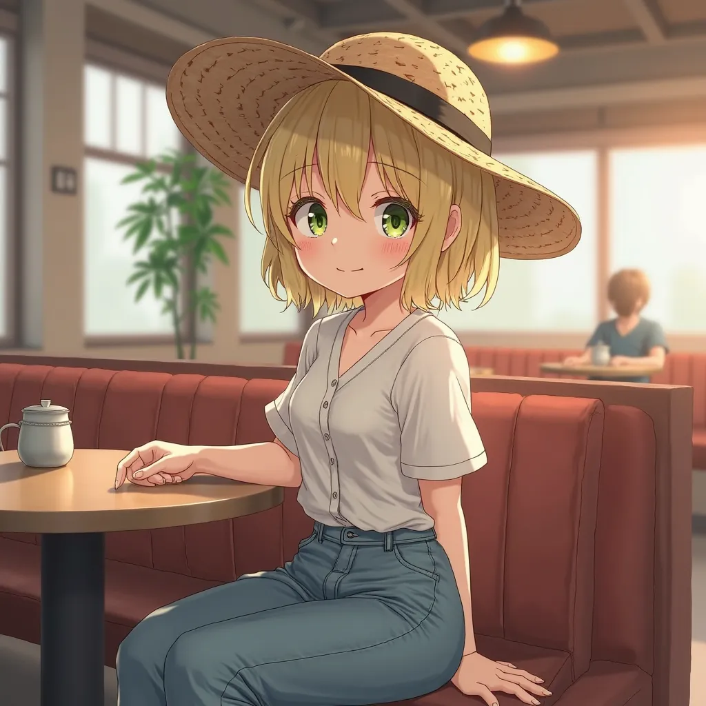 1 girl, ager, short yellow-white hair, dark green eyes, white shirt, baggy jeans, straw hat, sitting at a table in a restaurant, absurd, high resolution, super sharp, 8K, masterpiece, looking at the viewer

easily negative, extra fingers, fewer fingers, (l...