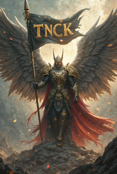 Fantasy figure. Winged god, wearing fearsome armor, holding a flag spelling the word TNCK