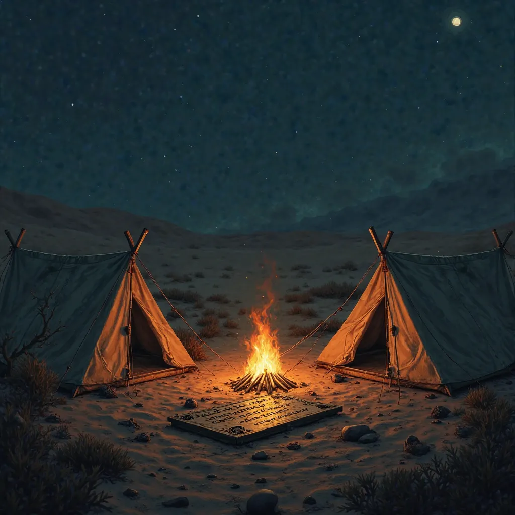 Desert and there is a game of Ouija on the ground and a fire in the middle and three tents stacked and the darkness is scary and mysterious 