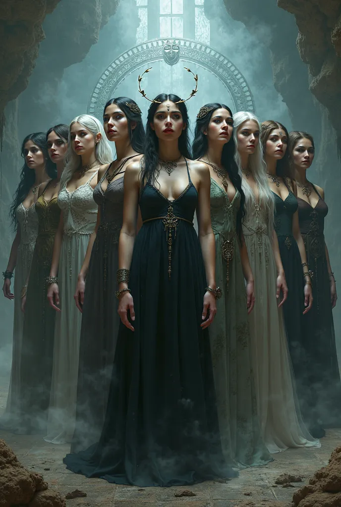 Une image avec 9 femmes dans les enfers qui représente persephone, HEL, hécate, lilith, melinoe, sarami, nyx, mazekee, morana 