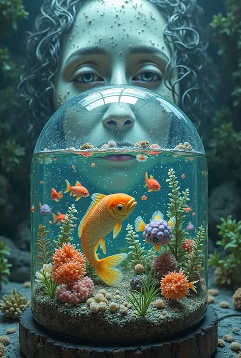 Surreal fish tank with marine fauna inside and behind the fish tank the face of a happy 