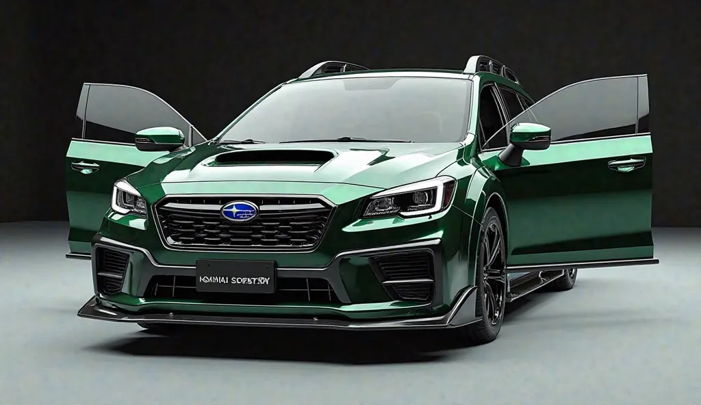 "An ultra-detailed 3D render of a 2026 Subaru Outback, designed with a bold, modern aesthetic. The car features a striking Metallic Green color, accented by a prominent Subaru logo on its front. A large, white, intricately detailed grille, reminiscent of t...