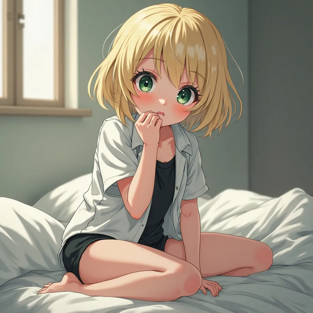 1 girl, mother, short yellow-white hair, dark green eyes, white shirt, black top, black underpants, licking on the bed, absurd, high resolution, super sharp, 8K, masterpiece, looking at the viewer

light negative, extra fingers, fewer fingers, (low quality...