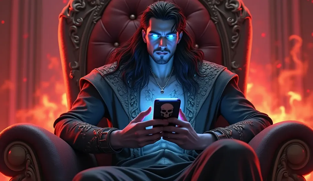 Seated on the throne is Hades (wearing his regal black and gray robe with crimson accents, long flowing black hair cascading over his shoulders, glowing blue eyes slightly narrowed, short light stubble adding to his chiseled jawline). One hand rests on the...