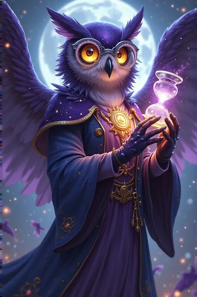 Noctra is an owl a female with dark purple fur that glitters like the night sky.  His eyes shine golden ,  full of wisdom . He wears sparkling silver glasses with lenses that emit a faint light, signifies his intelligence. On one of his wings, he always gr...