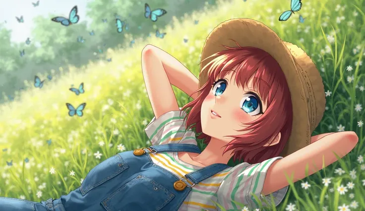 1girl, (((solo))), (watanabe tomari:1.4), hikawayunn,
diagonal composition, dutch angle shot, high angle shot, from side,
lying in a meadow, on back, outdoors,
straw hat, auburn hair, short hair, blunt bangs, hair strands,
eyelashes, blue eyes, big eyes, t...