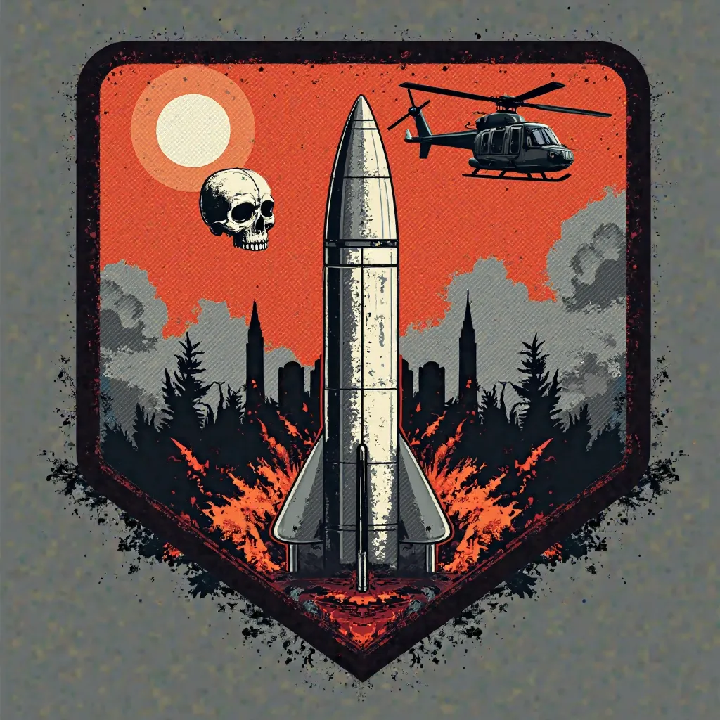 Create vector art, for rubberized patch, square, name CETUS, WITH A MISSILE IN THE MIDDLE, AN EXPLODING HELICOPTER AND A SKULL, simple vector image