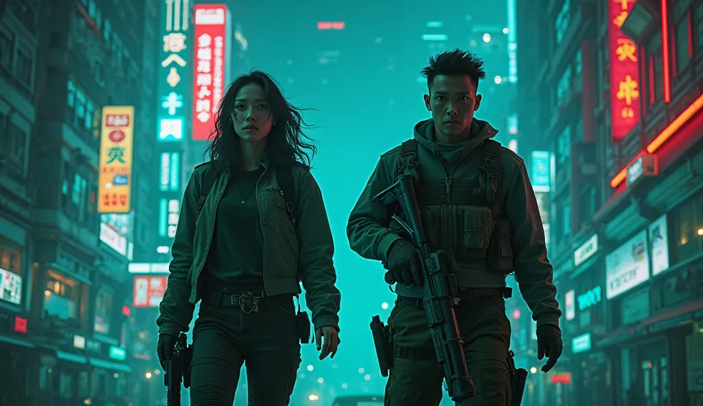 A wide shot of Raya and Kapten Arga walking away from the server room, their faces filled with determination. Raya is holding her hacking device, while Arga is adjusting his tactical gear. The city of Jakarta is seen in the background, with lights flickeri...