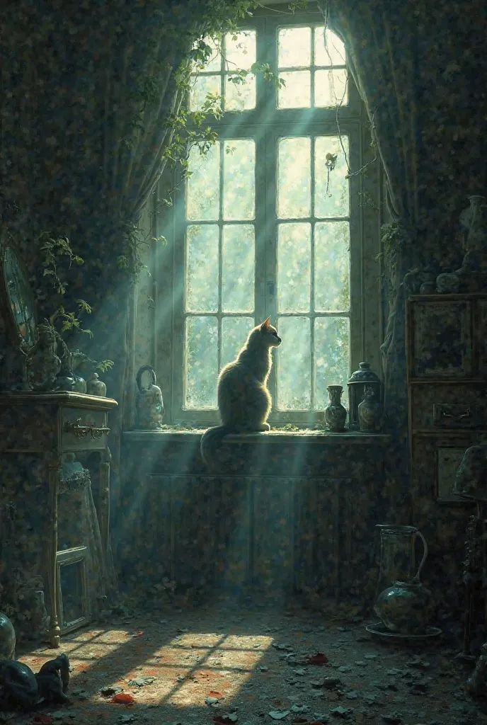 Create a dark room with lots of mirrors scattered around the room with a gloomy mood and sunlight streaming through the window with a beautiful enchanted cat looking out the window 