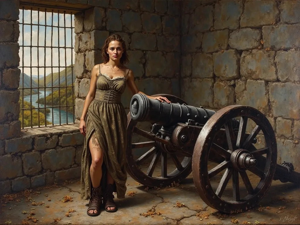 Create a Caravaggio-style painting of a young woman near a wheeled war gun , In a stone fort with a window overlooking a river, with her dirty dress from the battle in the year 1856