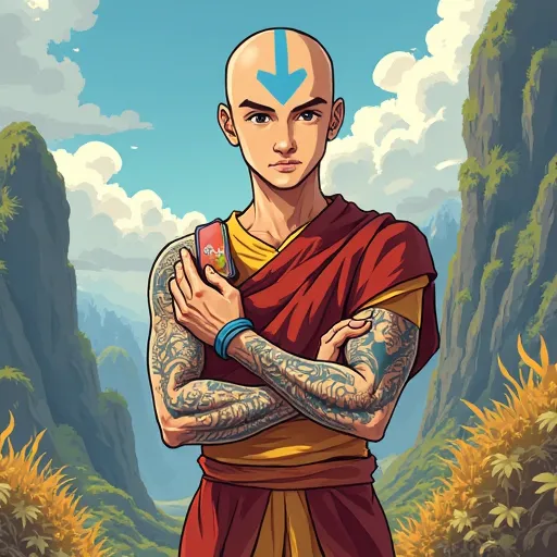 Aang avatar, 25 years old, hand wear phone, have weed tattos.  cartoon.