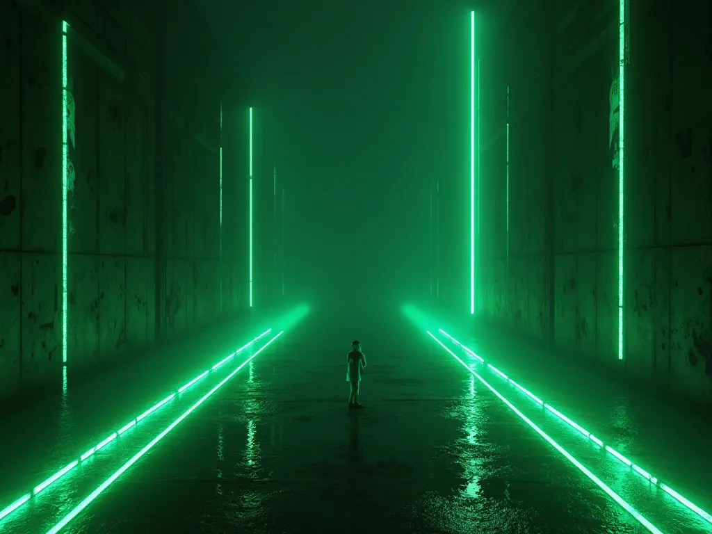 Generate a green and black image with neon reflections where everything is dark and there are some pretty green lines on the sides