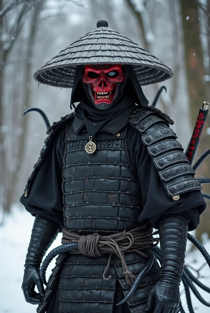  A samurai clad in pure black armor, they also wear a black straw hat.  Their face resembling a Oni Mask colored blood-red with jagged fangs. knelling in a snowy forest with inky black tentacles emerging from their back