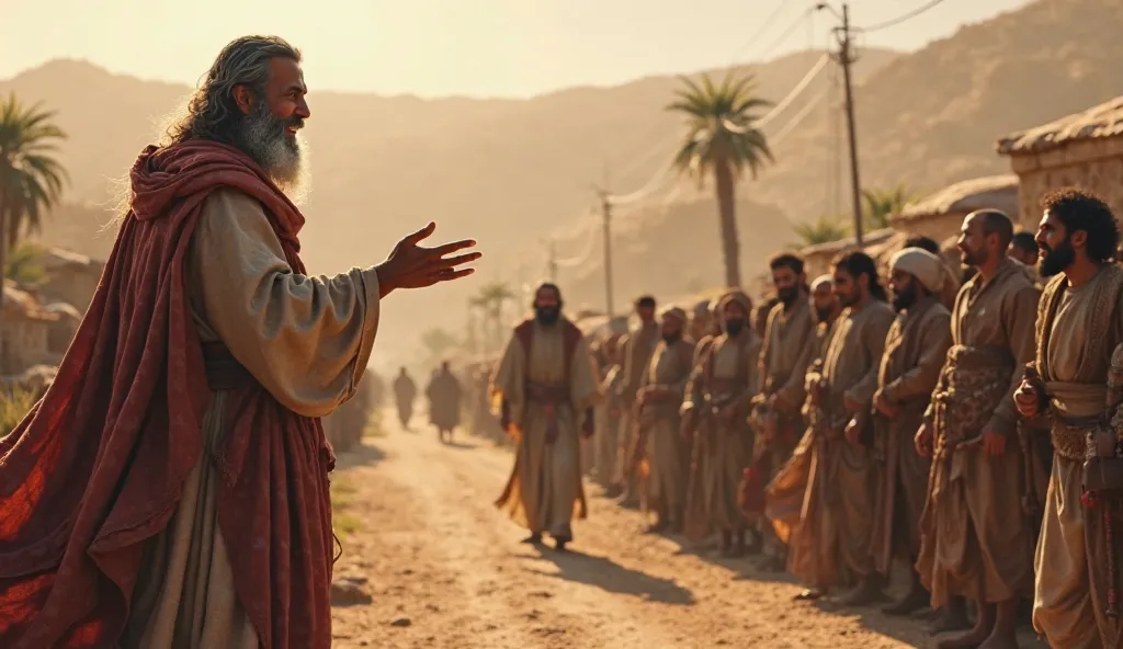 Abraham is returning victorious from a risky battle in the Bible in an ancient background and taking to a man by the road side with people around 