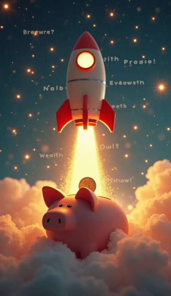 A  placing a small coin in a rocket-shaped piggy bank, that begins to take off with fire and golden smoke. in the sky, words like 'Investment' and 'Wealth' appear among the stars. Vibrant and motivational lighting. hyperrealistic digital art, with a messag...