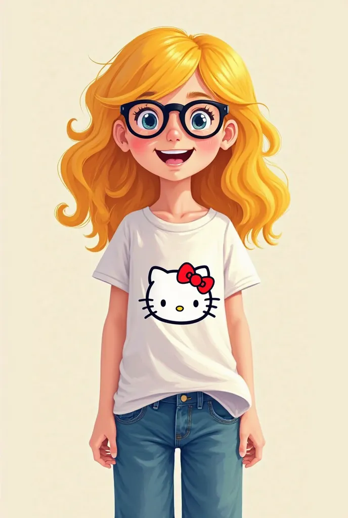 Yellow hair black glasses Hello Kitty shirt jeans pants 