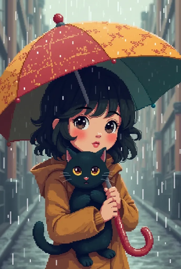 A pixel art portrait of a girl with wavy black hair and fair skin, protecting a black-furred, brown-eyed cat from the rain with her umbrella.