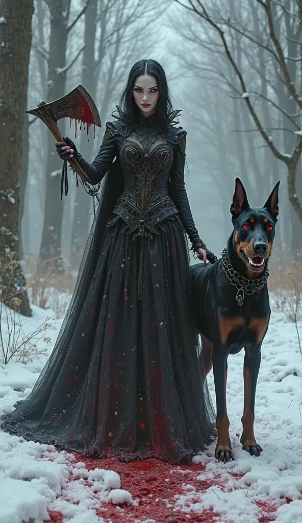 Gothic vampire woman with a large, bloodied axe and a nasty black Doberman with red eyes showing her fangs guarding the vampire, in a dark place covered with snow and bloodstains 