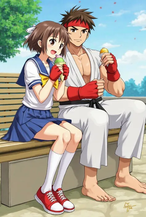 #Ryu Street Fighter, #Sakura Kasugano Street Fighter, #Character, Enjoying ice cream, Park, sitting, bank, Sakura short hair, cabello castaño, Fighting cut, Fighting cut, white ribbon, karate tape, ribbon on the forehead, ribbon around, fighting gloves, re...