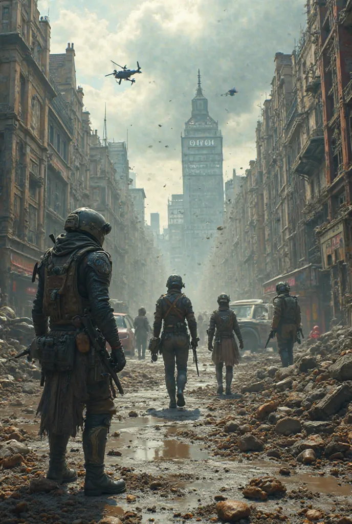 Make all of those created characters in one picture in post apocalyptic London. Format of picture is 16:9.