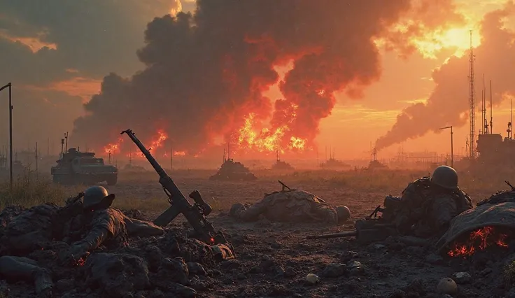 A war field consumed by flames, with the charred remains of soldiers and weapons on the ground.