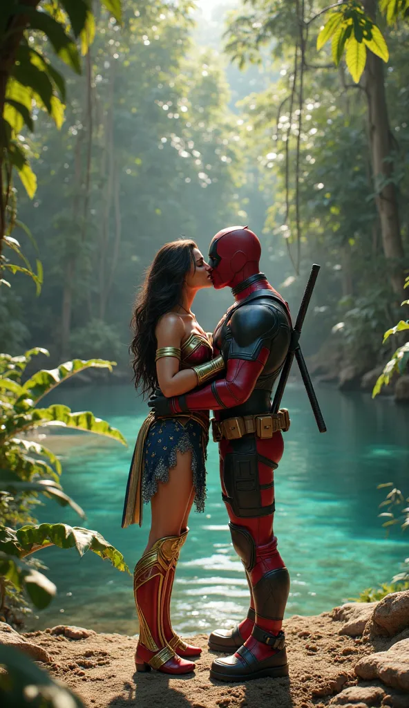 A highly detailed 3D-rendered scene set in a serene, lush jungle with dense foliage surrounding the area. In the foreground, Deadpool and Wonder Woman are sharing a kiss, with Deadpool in his iconic red and black suit, looking mischievous yet affectionate....